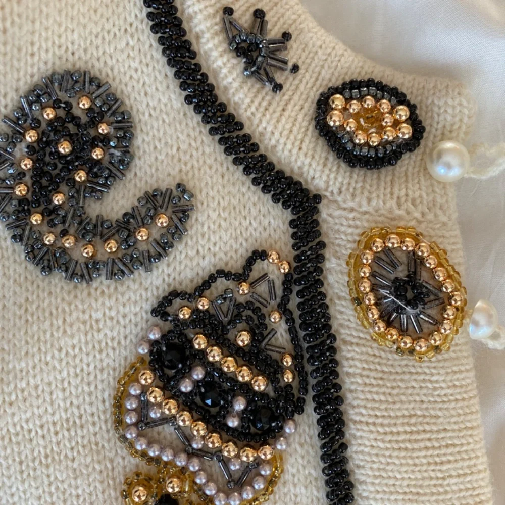 Vintage Premode Wool Beaded Cardigan Jacket (M) I Pearl & Gold Bead Embellished - Picture 4 of 11